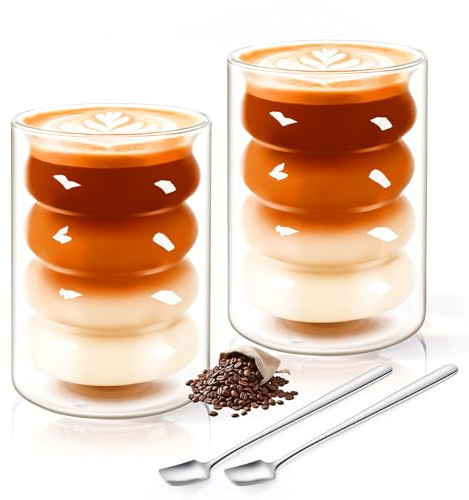 SILRIVES Doppelwandige Kaffeegläser Latte Macchiato Gläser 350ml 2er mit 2 Löffeln Thermogläser Doppelwandig aus Borosilikatglas Ideal als Cappuccino Gläser Kaffeetassen Teegläser Espressotassen