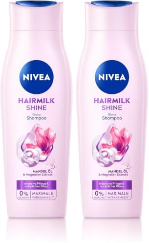 NIVEA Hairmilk Shine Glanz Shampoo 2er-Set (2 x 250 ml), Pflegeshampoo ohne Silikone* für trockene Haare mit Mandelöl & Magnolien-Extrakt, Haarshampoo pflegt und regeneriert intensiv