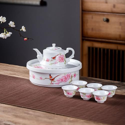Juego de té de porcelana china con diseño de flor de cerezo rosa y pájaro, tetera con tazas y bandeja para servir