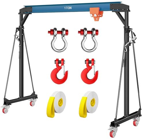 2 Ton Gantry Crane – 4400 Lbs Capacity, Adjustable 8–12 ft a-Frame Shop Crane with Manual Trolley, Heavy Duty Hoist, Hook & Shackles for Garage, Workshop, Warehouse, Factory