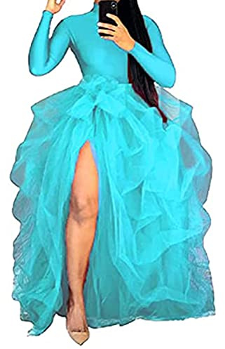 Women's Tulle Maxi Skirt Floor Length Layered High Waist Split Skirt A-Line Puffy Mesh Tutu Skirt for Wedding Party (Light Blue, One Size)