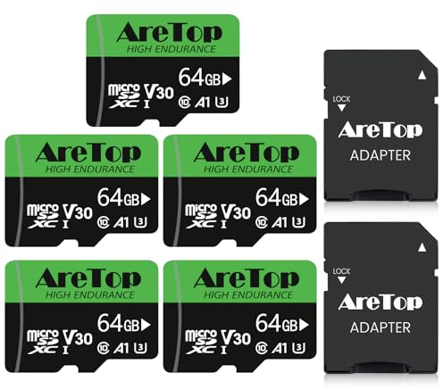 AreTop Scheda Micro SD da 64 GB, U3, 90 MB/s, confezione da 5 | U3 V30 per video 4K, 90 MB/s, include adattatore SD, compatibile tablet/drone/dash cam/camera/phone/Switch/PC