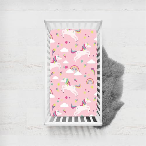 Odot Sábana Bajera Bebé Cuna y Minicuna Unicornio Rosa Niña Sabanas Ajustable de Microfibra, Bebé Ropa de Cama Universal para Cama Ovalada, Reloj de Arena y Colchón Rectangula (Color K,70x140cm)