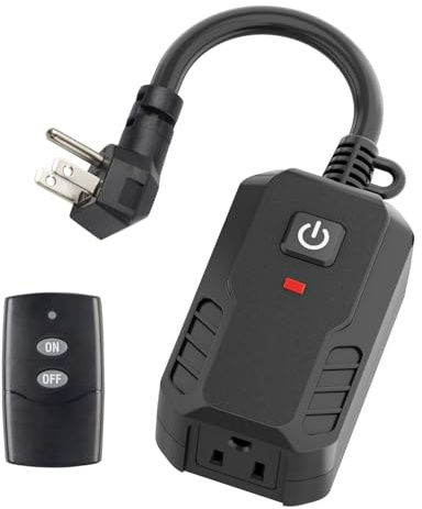 BN-LINK Outdoor Remote Control Outlet Plug Black,Indoor Wireless Outlet Switch Weatherproof Heavy Duty 15A 3-Prong 6-inch Cord 100Ft Range (Battery Included)