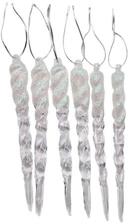 Weiße Acryl-Glitzer-Eiszapfen – 6 Stück (13 cm x 1 cm) | Weihnachtsbaumschmuck mit Gewinde zum Aufhängen