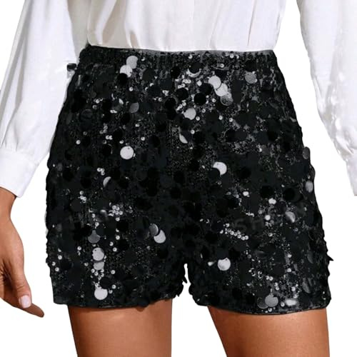 Pailletten Shorts Schwarz Damen Glitzer Hose Kurz Festival Sexy Rave Outfit Glänzend Damen-Shorts mit Pailletten Glänzend Kurze Hotpants Silber Freizeitshorts Party Shorts für Karneval Nacht Clubwear