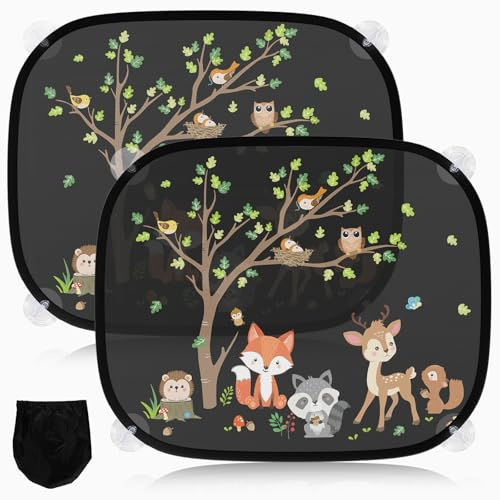 2 Pièces Pare-Soleil Voiture Bébé avec Protection UV, Pare-Soleil Voiture Enfant 45x36,5 cm avec 8 Ventouses et Animal Mignon (Forêts)