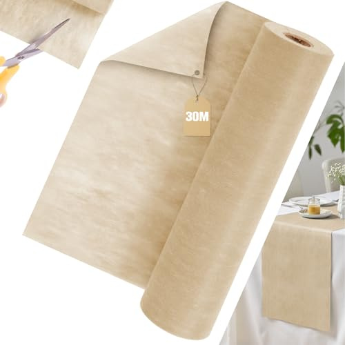 Aevcvok Vlies Tischläufer Beige, 30cm x 30m Tischläufer Modern Table Runner Tischdeko Tischband Rolle, Dekoratives Tischband für aufe, Kommunion, Geburtstage, Freien, Hochzeiten und Party