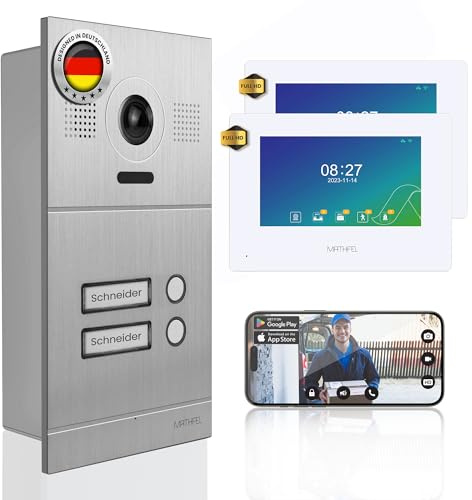 Mathfel Videocitofono IP a 2 fili con apriporta – fotocamera Full HD, monitor da 7 e controllo app, campanello intelligente con citofono (argento, 2 pulsanti del campanello)