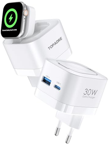 TOPADRE Cargador para Apple Watch, 3 en 1 Cargador USB-C 30W, Enchufe USB C | Cargador rápido para Apple Watch 11/10/9/8/Ultra/SE, para iPhone 17/16/15 Pro MAX, para iPad, para Galaxy S25/S24/S23. Blanco
