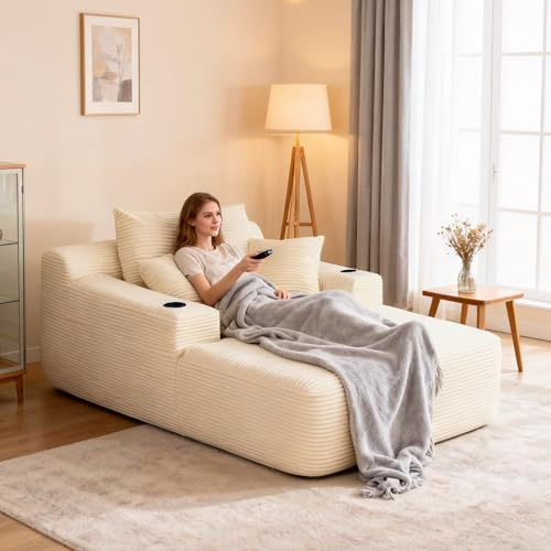 Heliomarent Chaise Lounge Chair Indoor, 67 Oversized Sofa Bed with Pillows No Assembly Required, Deep Seat Corduroy Boneless Sleeper Couch for Living Room Bedroom, Modern Reading Chair, White