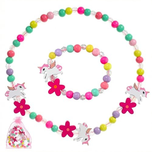 Amosfun Holzperlen Einhorn Schmuckset FüR Kinder, Bunte Halskette Und Armband, Kreatives Einhorn Präsent FüR MäDchen, Ideal FüR Geburtstag Und Party