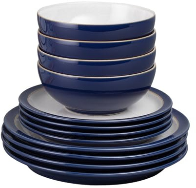 Denby - Elements Dark Blue Dinner Set For 4 - 12 Piece Ceramic Tableware Set - Dishwasher Microwave Safe Crockery Set - 4 x Dinner Plates, 4 x Medium Plates, 4 x Cereal Bowls