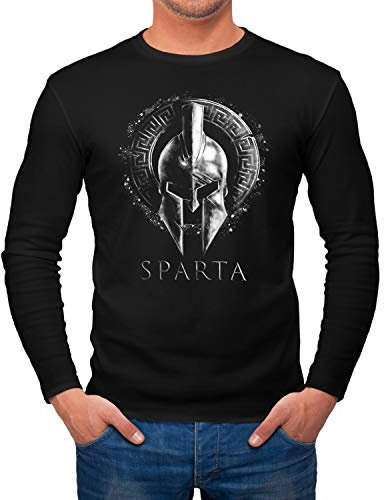 Neverless® Herren Long-Sleeve Aufdruck Sparta Helm Krieger WarriorLangarm-Shirt Schwarz schwarz L