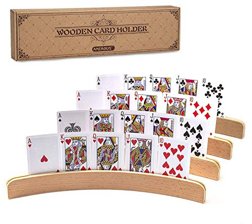 AMEROUS Wooden Playing Card Holders for Kids Seniors Adults, Long Enough Curved Wood Tray Rack Organizer for Card Game (Set of 4)