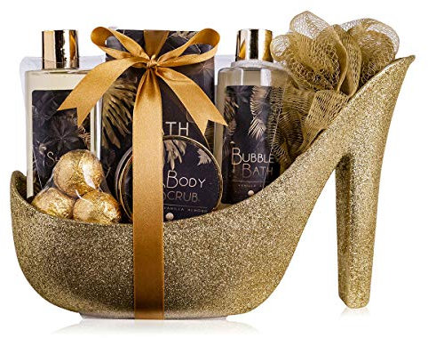 Accentra - Geschenkset Frauen Vanille-Mandelduft - Luxury Beauty Set mit Duschgel, Badesalz, Bodylotion, Scrub & Netzschwamm etc. – 9-Teiliges Bade Set für Frauen mit Glitzer Keramik-Stiletto