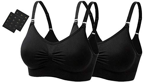 UtopyaUK 2/3 Pack Seamless Nursing Maternity Bra Padded Breastfeeding Drop Cup Sleep Comfort Crop Top Wireless with Free Bra Extenders, 2 Black, M