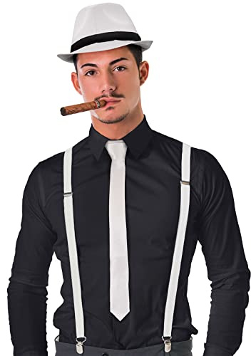 BALINCO Set Costume da Mafia, Accessori Anni '20, Costume di Carnevale da Uomo, Bianco, Sigaro, Cappello a Cilindro, Cravatta, Bretelle, Festa, Abito di Capodanno