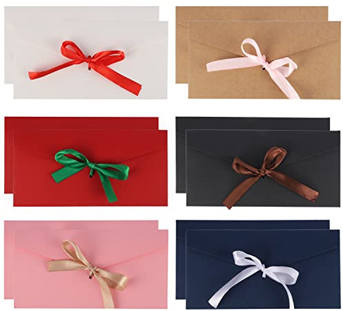 12 Pcs Gift Envelopes(22 * 11CM/6 Colors), Money Envelopes with Ribbons, Money Wallets for Cash Gifts, Vintage Kraft Paper for Christmas, Invitations Greeting, Thanksgiving, Newyear, Valentine's Day