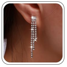 Inilbran Boho Rhinestone Tassel Earrings Silver Long Crystal Chain Earrings Long Crystal Cz Drop Earring Vintage Cz Tassels ChainWedding Chandeliers Earring Jewelry for Women
