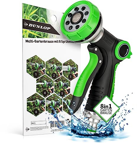 Dunlop Gartenbrause - Multi Handbrause mit 8 Sprühmustern und fein dosierbarem Daumenventil - Garten Brausekopf mit feststellbarem Hebel und Quick Connect für alle 1/2 Zoll Schlauchanschlüsse