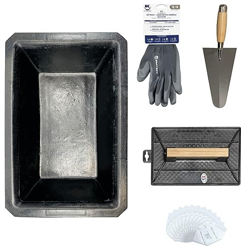 Kit D'outils Maçonnerie & Rénovation, Bricolage - Auge Caoutchouc Naturel Vulcanisé 10L, Truelle Ronde 20cm, Taloche 18x27CM, Paire de Gants Polyurethane Gris, Lot 12 masques FFP2