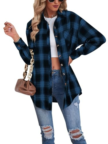 Buliezy Camicia Donna Blusa Quadri Camicia Flanella Manica Lunga Elegante Camicetta Classico Shirt Cotone Giacca Scozzese,Blu,S