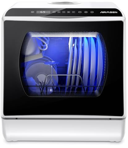AIRMSEN Mini Geschirrspüler Tischgeschirrspüler mit 5+1 Programme 5L Wassertank, 2 Wege Wasserversorgung, Touch Control & LED-Display, Geeignet für Hausküchen, Wohnungen, Schlafsäle, Weiß & Schwarz
