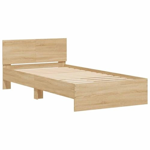 vidaXL Sängram med huvudgavel och LEDs sonoma-ek 100x200 cm, träsäng, säng i trä, sängram i trä, träsängar, sängar i trä, dubbelsäng, dubbelsängar