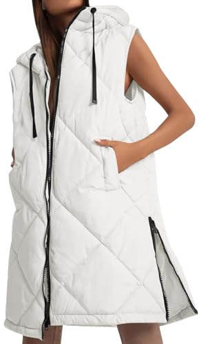 Imily Bela - Chaleco de mujer con capucha, acolchado, largo, sin mangas, chaqueta de transición, chaleco largo, Blanco, S