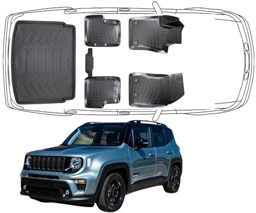 Trimak Passgenau 3D Fussmatten & Obere Kofferraumwanne Auto Set Kompatibel mit Jeep Renegade 2014-2024 Auto Zubehör Gummimatten & Obere Kofferraumwanne Autos TPE Allwetter Geruchlos rutschfest