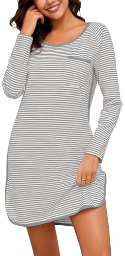 Namatime Camisones de algodón para mujer, vestido de casa a rayas suaves, camisas de dormir de manga larga, ropa de dormir de otoño, camisón de noche