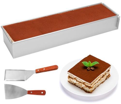 Gohytal Molde Rectangular, Aleación de Aluminio con 2 Espátulas Molde Rectangular para Pasteles Tartas Tostadas Panes Hornear Tartas en Capas Tiramisú, 40 x 10 cm