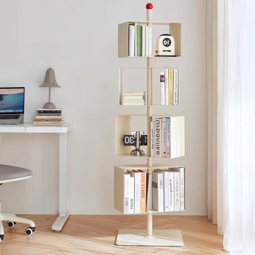 LAJUU 360° Drehbares Metall-Bücherregal, 4-stufiges, Modernes, Freistehendes Bücherregal, Offener Bücherschrank Aus Kohlenstoffstahl, Schmales Dekoratives Aufbewahrungsregal for Zuhause, Büro