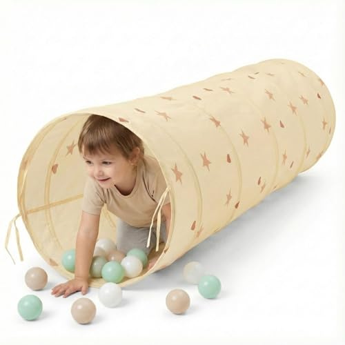 SELONIS Pop-Up Tunnel Für Kinder Mit 100 Bälle Faltbarer Spieltunnel Flexibel Krabbeltunnel, Hellbeige: Pastellbeige/Weiß/Minze