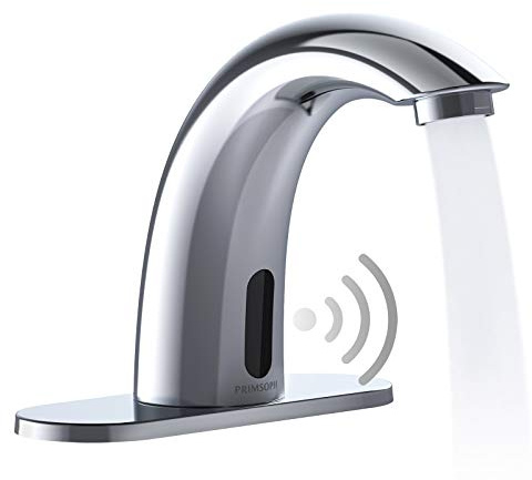 PRIMSOPH Automatic Motion Sensor Hands Free Electronic Infrared Smart Commercial Touchless Bathroom Sink Faucet with Cover Plate Temperature Mixer Battery or Plug-in Powered Chrome