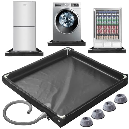 JZHLLA Bassine de machine à laver avec tuyau de vidange et 4 pieds anti-vibrations pour machine à laver, bac d'égouttement de 80 x 76,2 x 7,8 cm avec trou de vidange pour protection du sol de