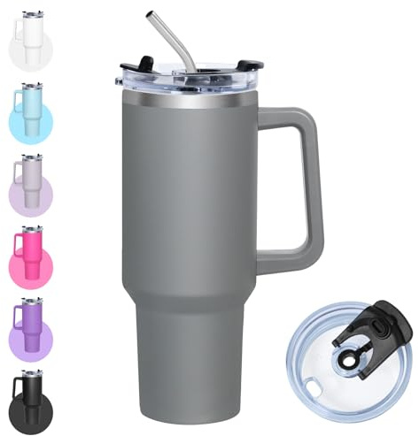 Zyntrix Tazza termica con cannuccia, 1200 ml con coperchio multifunzione, in acciaio inox con cannuccia, tazza termica da caffè con manico, tazza termica per freddo e caldo