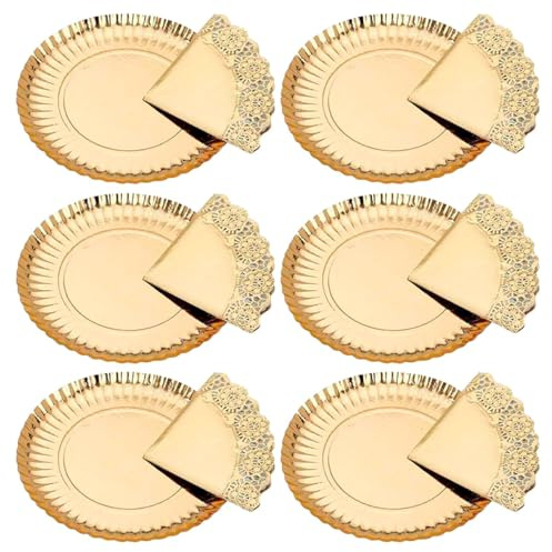 AC - Pack de 6 bandejas Redondas con blonda - Cartón y Papel - Especial para Fiestas, presentación de postres - Material reciclable - Ø 38 cm - Color Oro