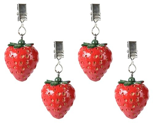Decoris Tischdeckenbeschwerer Erdbeere 16x5x4cm Keramik 4er Set - Tischdeckengewichte für Draußen mit Klammern aus Metall - Gewichte zum Beschweren - Tischdecken Beschwerer mit Clip - Rot Grün