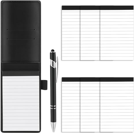 Notizblock klein A7 Set – 8 Stück, Mini Notizbuch mit 6 Ersatzblöcken & Stift, PU Leder Notizblock A7, Abreißbares Notizbuch klein, Taschennotizbuch mit Einschubfach für Büro, Reisen und Alltag