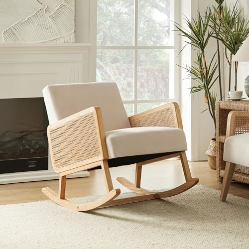 HULALA HOME Schaukelstuhl mit Rattan Armlehnen Wohnzimmer Sessel mit Holzrahmen Schaukelsessel aus Polsterung für Schlafzimmer, Tan