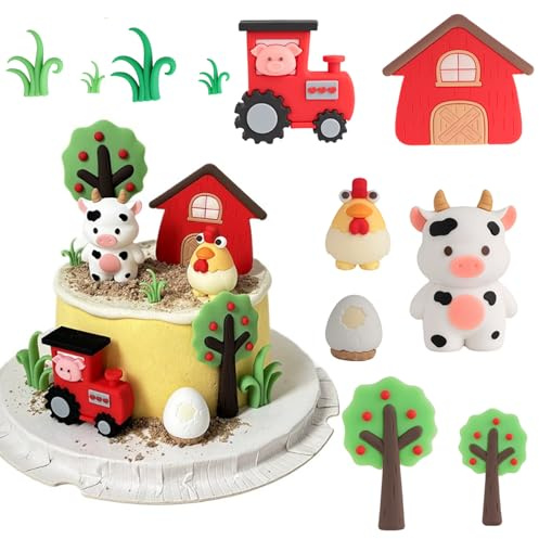 7pcs Farm Cake Decorations - Red Tractor Cake Topper, Farm Animal Cake Toppers, Chicken Cake Decorations, Standing Cow Birthday Decoration, Topper Tractor Cow Animals