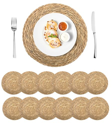 Set of 12 Round Woven Placemats, 30cm Natural Wicker Table Mats