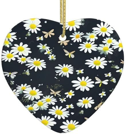 Ciondolo a forma di cuore in ceramica di Natale da appendere WHJSSF curvatura fiori di camomilla farfalle volanti stampa decorazione natalizia per albero di Natale supermercato casa