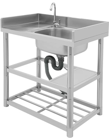 Lavabo indipendente, banco da lavoro in acciaio inox, lavello con rubinetto, doppio strato mobile utility, lavabo singolo per esterni, cucina
