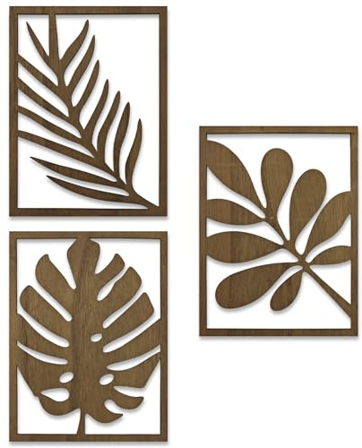Huakaile 3 Packs 11.81'' x 8.66''/30 x 22 CM Tropical Wall Art Decor, 3D Leaf Wooden Carved Wood Wall Art Sculpture for Living Room Bathroom Bedroom Home Rustic Decorations (Dark Brown)