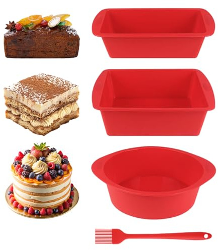 Petits Moules à Pain Rectangulaire, Set de Moule à Gâteau en Silicone Antiadhésif, Libération Facile, 3 Pièces Moule Rectangulaire en Silicone, Moules a Cake Air Fryer pour Gâteaux（Brownies/Ronde）