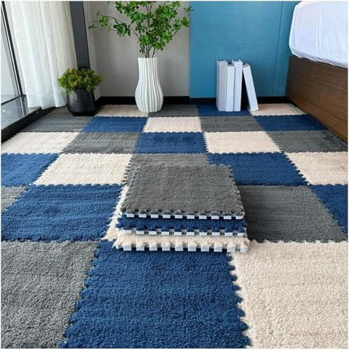 Ineinandergreifende Teppichfliesen, 10 Stück, Mehrfarbig, 30,5 x, cm Teppichschaumquadrate(Navy Blue+Grey+Khaki)