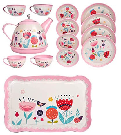 Joygoodta Set da tè per Bambini, Set da Gioco da 15 Pezzi con teiera, Giocattoli per Feste in Cucina, da Gioco per Bambini dai 3 Anni in su (Rosso Chiaro)